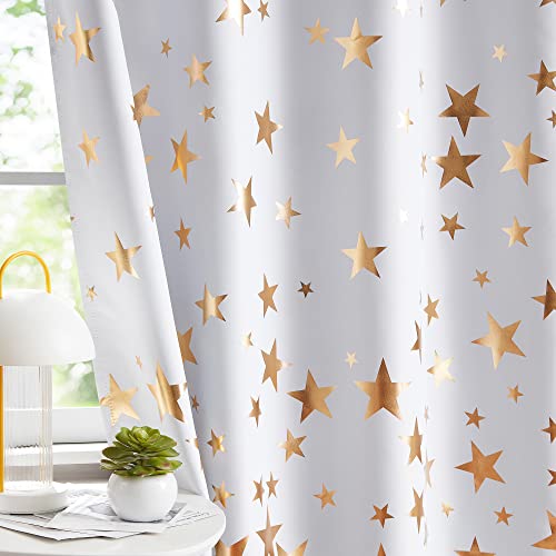Treatmentex Lot de 2 rideaux occultants à œillets et isolation thermique pour chambre à coucher et salon Motifs d'étoiles Blanc/doré 137 cm