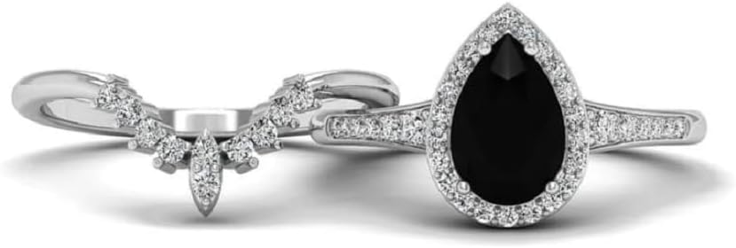 3 CT Pear Cut Black Diamond Engagement Ring Set for Women | Filigree Vintage Antique Halo Wedding Ring | Handmade Moissanite/Onyx Jewelry | Silver/Gold Anniversary Ring for Her/Gifts