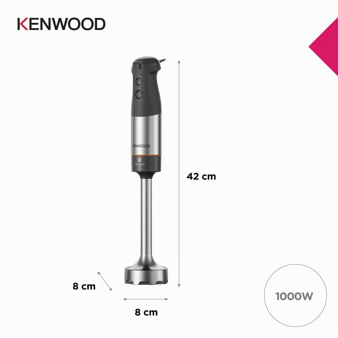 Kenwood Triblade XL+ HBM60.307GY, Minipimer con 3 Cuchillas Antisalpicaduras, Picadora 500ml, Varillas Metal, Accesorio Pasapurés y Vaso Medidor Plástico sin BPA, Apto para Lavavajillas, 1000W, Gris