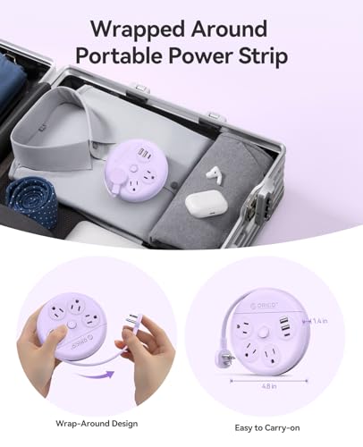 Image of ORICO Power Strip with USB Ports, 4Ft Flat Extension Cord with 3 AC Outlets and 2 USB-A and 1 USB-C Charging Ports, 45 Flat Plug, Non-Surge Protector for Cruise /Home /Office /Dorm Essentials, Purple