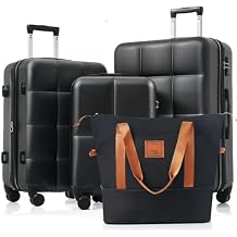 Geelife Luggage Sets 4 Piece ABS Suitcase Travel Bag Cup Holder Spinner Wheels Black Brown