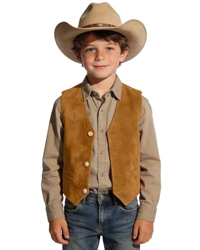 Image of Retro Boys Western Cowboy Vest for Kids Leather Suede Waistcoat | vintage dress vests, welt pockets, v-neck, adjustable waist, formal slim fit, wedding outfit, farm christmas birthday prom