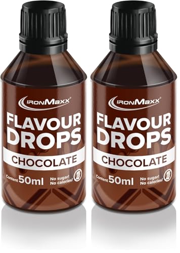 IronMaxx Gotas Sabor Chocolate 50 ml - Gotas Saborizantes Sin Calorias ni Azucar - Edulcorante Liquido Vegano para Cafe, Yogur y Reposteria - Con Cuentagotas (Paquete de 2)