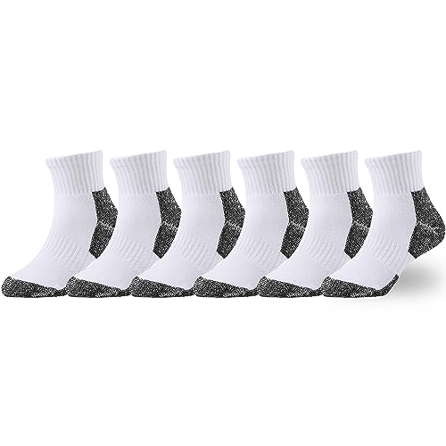 EPEIUS Kids Boys/Girls' Cushioned Socks Thick Cotton Quarter Athletic Running Socks Ankle Sports 6 Pack 10-14 Years,White/Black