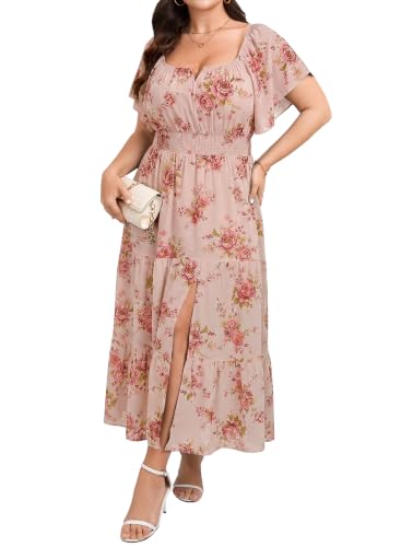 Image of SCOMCHIC Womens Plus Size Maxi Dress Formal Short Sleeve Square Neck Smocked Side Split Flowy A Line Tiered Long Dress