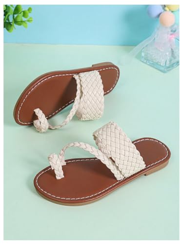 Image of GORGLITTER Girl's Strappy Leather Flats Sandal Cute Braided Dressy Toe Ring Slip on Slide Sandals