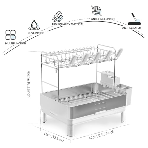 Image of Ewaiira Large Dish Drying Rack, 304 Stainless Steel Dish Racks for Kitchen Counter, 2 Tier Raw White