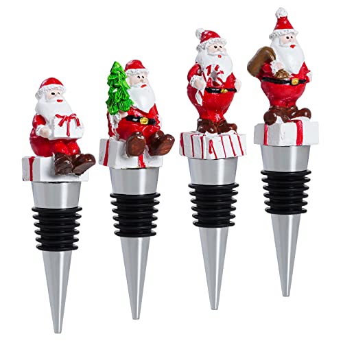 Sucrain Lot de 4 bouchons de vin de Noël, motif Père Noël, bouchons de bouteille de vin en alliage pour garder le vin frais en résine