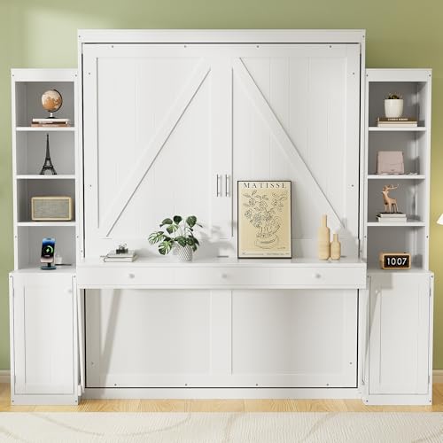PVWIIK Queen Size Murphy Bed with Desk & Charging Station,Wall Bed Frame Folding into Cabinet Design w/LED & Storage Shelf for Small Space,Bedroom,Guest Room,White