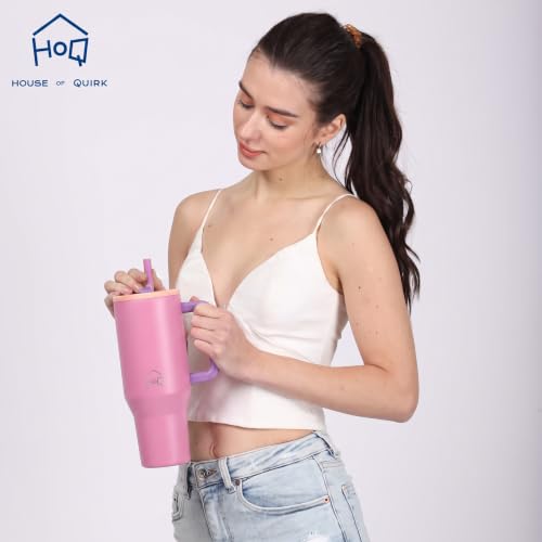 Image of House of Quirk 1200ML Tumbler with Handle & Simple Flip Straw - Car Cup Holder Friendly, Leak Resistant Stainless Steel Water Bottle with Rubber Base (Pink Dahlia)