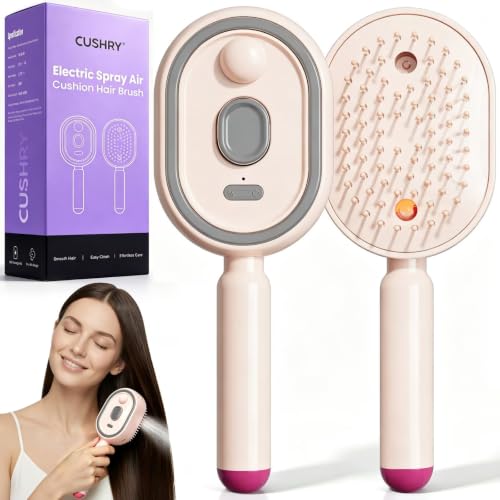 Electric Spray Air Cushion Massage Comb, 2026 Upgrade Electric Steam Hair Brush with Misting Detangling for Dry Frizzy Hair, Self-Cleaning Gloss Enhancing Care Brush for Women (Pink)