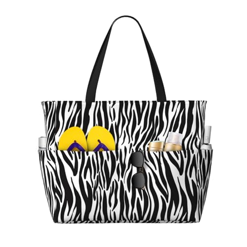 Zebra Print Large Beach Bag Waterproof Sandproof Swim Tote Pool Bag For Women With Zipper