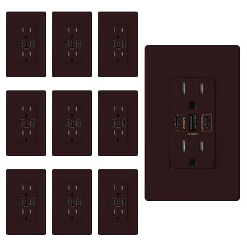 Image of ELEGRP USB Outlets, 30W 6.0 Amp USB C Outlets Receptacles, 3-Port USB Wall Outlet, 15 Amp Tamper-Resistant Outlet with 2 USB C Ports, UL Listed, Screwless Wall Plate Included, 10 Pack, Matte Brown