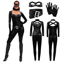 MeYuxg Costume da Gatto da Donna, Costume da Ddonna, Gattara Notturna, Abito Cosplay Mascherato, Tuta Nera + Guanti + Maschera per gli Occhi + Cintura (Taglia XL) (L)