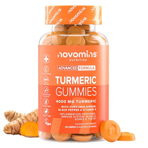 Turmeric Gummies 4000mg High Strength Turmeric and Ginger Gummies with Curcumin Black Pepper & Vitamin D Tumeric Supplements Joint Support Immunity Muscle & Bone Novomins