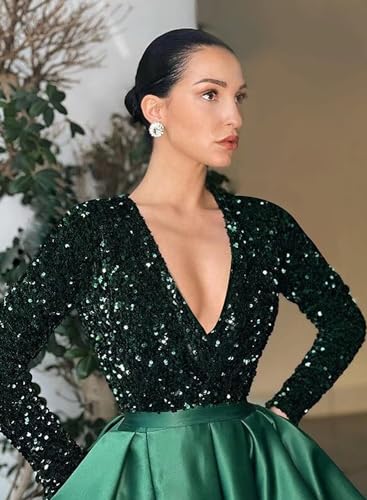 Prom Dresses Sequin V-Neck Long Sleeve Satin Floor-Length Formal Evening Party Gowns with Slit2