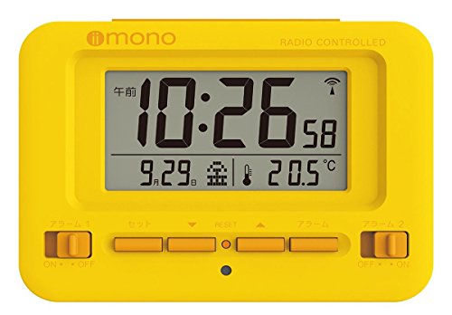 イイモノ(Iimono) 置き時計 イエロー/ブラウン 107×40×80mm ダブルアラーム 電波 スヌーズ カレンダー 温度計 ROC-01YE