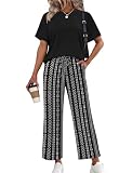 Sampeel Vacation Outfits for Women 2 Piece Lounge Sets Trendy Spring Outfits 2026 Beach Travel Airport Summer Clothes Wide Leg Crop Pants Striped Black L
