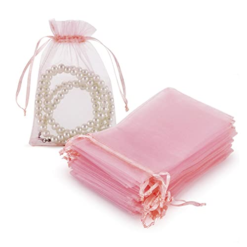 Image of HRX Package 100pcs Blush Pink Organza Gift Bags, 4 x 6 inch Candy Mesh Drawstring Bags Jewelry Pouches for Christmas Wedding Baby Shower Party