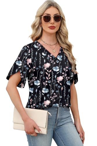 Image of WIHOLL Womens Summer Tops Short Petal Sleeve Shirts Fashion V Neck Womens Clothing