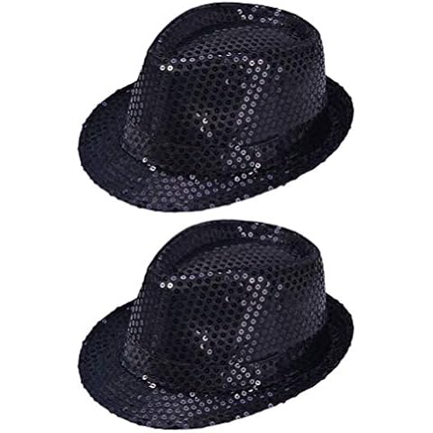 TENDYCOCO 2pcs Fashion Sequin Fedora Hats for Women Men Jazz Hat Disco-Black Cover