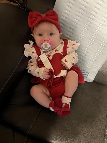 VISGOGO Baby Girl Valentines Day Outfit Romper Dress Ruffles Long Sleeve Heart Print Clothes Jumpsuit with Headband2
