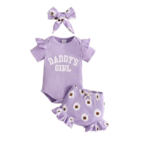 Image of Tsnbre Newborn Baby Girl Clothes Daddys Girl Short Sleeve Romper Floral Shorts Headband Infant Summer Outfits