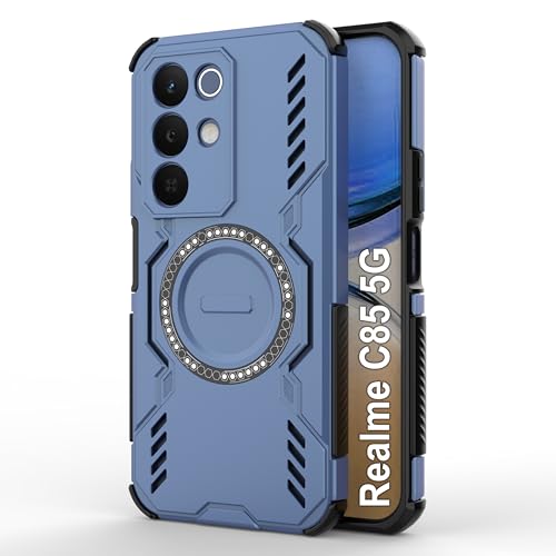 Image of amazon basics Back Case Cover for Realme C85 5G | Magnetic Case with Built-in Metal Ring | Supports MagSafe Charger, Wallet & Car Mount | Shockproof Hybrid PC + TPU | Blue