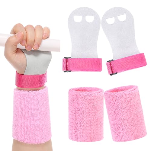 JIYIN 2 Gymnastics Grips Wristbands Sets, Pink Gymnastic Hand Grips Gymnastic Bar Palm Protection & Wrist Support Sports Accessories for Kids Youth Gymnastic Hand Grips for Workout Exercise