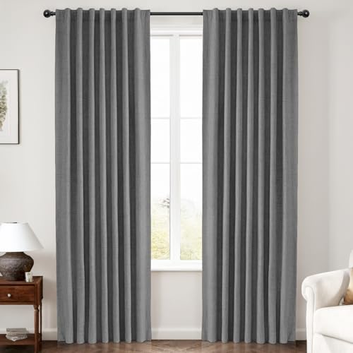 INOVADAY 100% Blackout Curtains 102 Inches Length 2 Panels Set, Back Tab/Rod Pocket Linen Black Out Curtains for Bedroom, Thermal Insulated Window Drapes - Dark Grey, W50 X L102