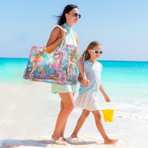 Image of Beach Tote Bags for Women, Turtle Flower Starfish Large Beach Shoulder Bag Pool Bags Purse