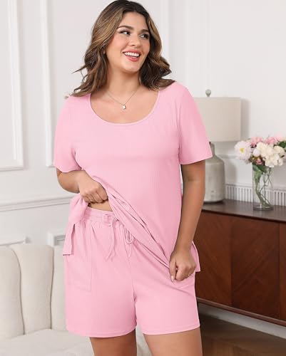 Image of Womens Plus Size Pajama Sets 2 Piece Summer Outfits Short Sleeve Tops Shorts with Pockets for Lounge Sleepwear
