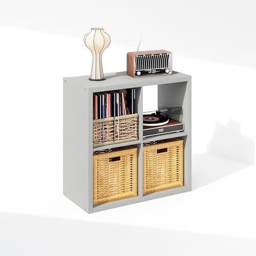 Image of Furinno Cubicle Record Player Stand, 4-Cube Record Storage, Light Grey | Vinyl Storage, 1.2 inchInch Extra Thick, Open Back Media Shelf for CD DVD Bluray Game Disc, for Living Room, Home Office