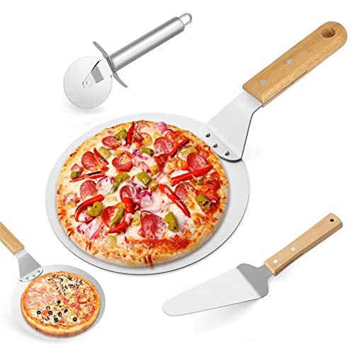 Pala Pizza, Set de Pala de Pizza, Cortador de Pizza con Mango de Madera, Corta Pizza de Acero Inoxidable, Set de pala de pizza de acero inoxidable, para Hornear, Pizza casera, Pasteles Cover