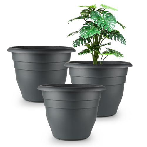 RooTrimmer 12 Inch Plant Pots Large Planters for Outdoor Plants Plastic Flower Pots - Durable and Lightweight with Drainage Holes (3 Packs Gray)