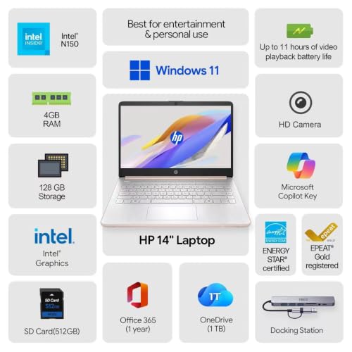 Image of HP New Gen 14 inch Laptop . MS Office. 128GB . 512GB SD Card . 4GB RAM . HD Display . 12-Hour Battery . WiFi . Bluetooth . Windows 11 . Pale Rose Gold