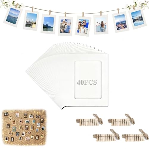 Hexizexi 40 Stück 7 Zoll Papier Bilderrahmen 13.5x18.5 cm Weiße Fotogirlande mit 40 Holzklammern und 4 Rollen Hanfschnur Fototaschen zum Aufhängen Geeignet für Geburtstage Hochzeiten Wanddekoration