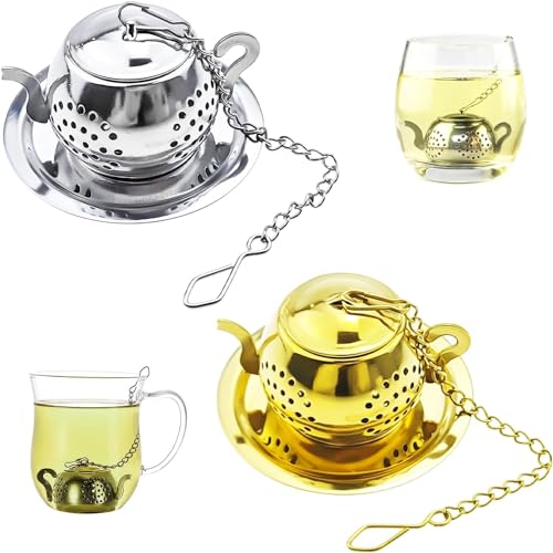 2 Pack Stainless Steel Tea Kettle Tea Infuser for Loose, Tea Strainer with Lid and Drip Tray Reusable Loose Leaf Tea Steeper Stainless Steel for Natural Tea and Coffee