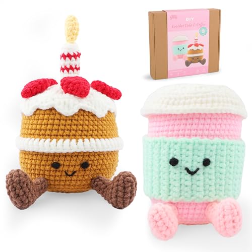 Image of HOUSE CREATIVITY Crochet Kit for Beginners - Create a Cute Cake & Coffee Scene, Amigurumi Crochet Starter Kit with Video Tutorial, Yarn & Hook, DIY Dessert Desk Decor for Coffee Lovers
