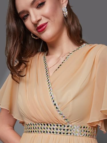 Image of Miss Chase Women's V-Neck Flared /Bell Sleeves Fit & Flare Maxi Dress