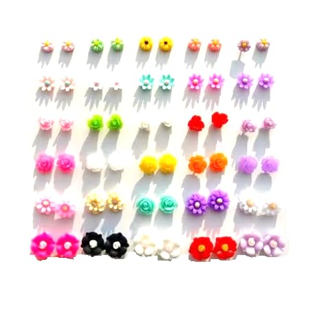 Image of 30 Pairs Fashion Plastic Flower Stud Earring Mixed Style Colors Floral Ear Studs for Woman & Girls Cute Korean Earrings Tops Daily Office Wear Ear-Rings