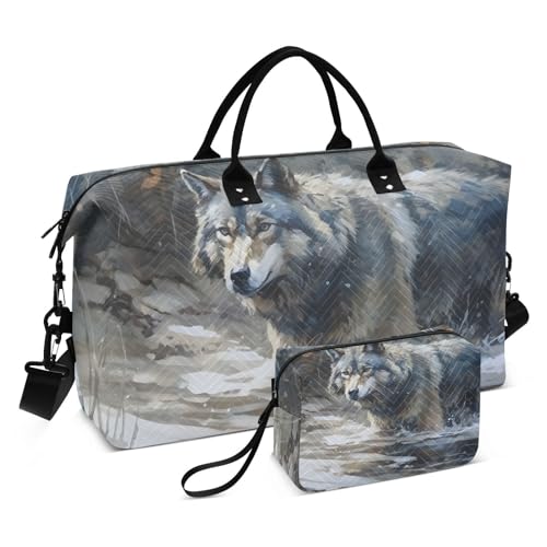 Duffel Bag Set for Travel Gym Sport, Weekender Bag Carry on Overnight Bag for Women Men-River Wolf Print