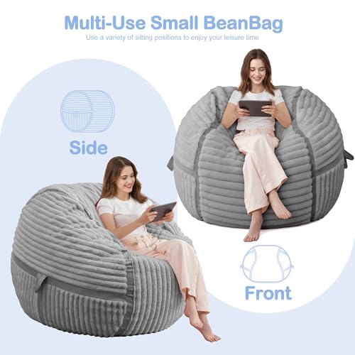 Image of 3FT Bean Bag Chair 3'Big Bean Bag Chairs with Adults, Large Beanbag Chair | Bean bags with Machine Washable Cover Corded Plush Fabric, Comfy Chairs for Living Room, Bedroom, Dorm, Lightgrey