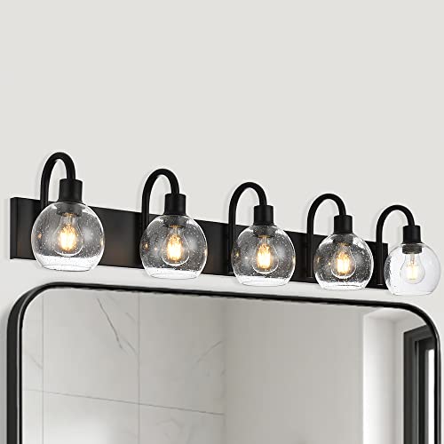 Image of Bathroom Light Fixtures 5-Lights Matte Black Farmhouse Vanity Lighting with Seeded Globe Glass for Over Mirror