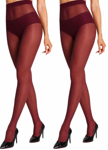 Image of HONENNA Sheer Tights for Women 2 Pairs Ultra Thin Reinforced T Crotch Control Top Pantyhose Stockings