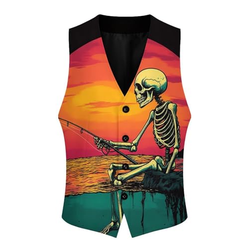 Fishing Skull Trendy Vest Suit for Men V Neck Formal Dress Waistcoat Vests Business Slim Fit3