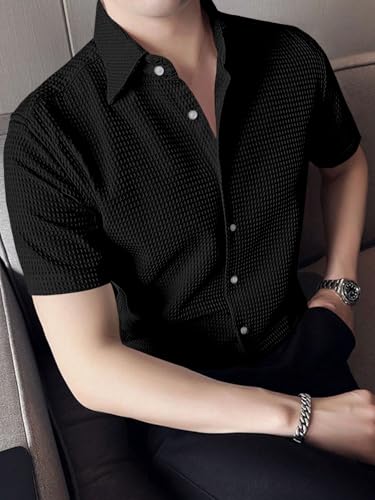 Image of GRECIILOOKS Shirt for Men | Mens Casual Shirt | Men Stylish Shirt | Men Waffle Shirt | Men's Regular Fit | Men Formal Shirt | Short Sleeve Shirt for Summer Outdoor Activities |Textured Shirts for Men