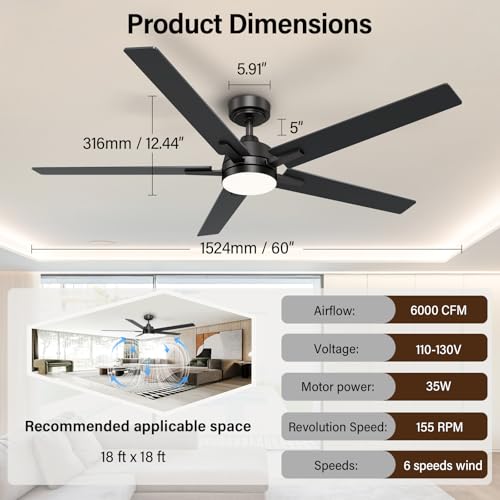 Image of 60 Inch Black Ceiling Fans with Lights and Remote, Large Ceiling Fan