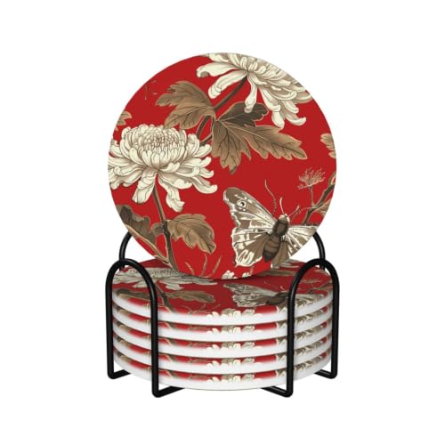 Image of Ginfult Japanese Chrysanthemum Floral Butterfly Absorbent Ceramic Drink Coaster Set of 6 Non Slip Cork Backing Round Coasters with Holder for Home