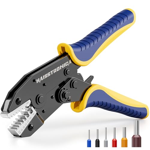 Image of haisstronica Crimping Tool for Ferrule, AWG 24-8 Wire End Sleeves | Ratchet, Plated Compression Surface, Color Size Marks, Adjustable Pressure, Smooth Handle Release, Control Panel Wiring
